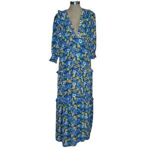 Melloday Floral Maxi Dress Womens Sz L Cottagecore Prairie Blue Floral